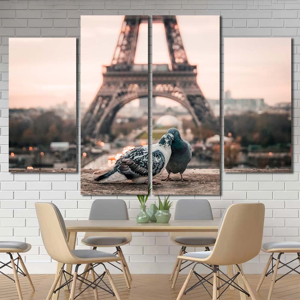 Love Birds in Paris Wall Art Pictures with Frame Layout-Four Panels Diamond
