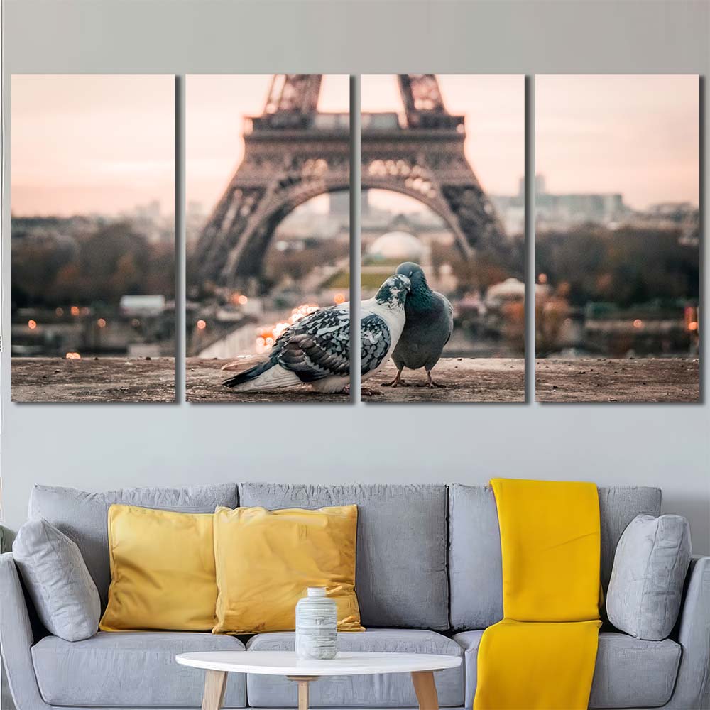 Love Birds in Paris Wall Art Pictures with Frame Layout-Four Panels Regular