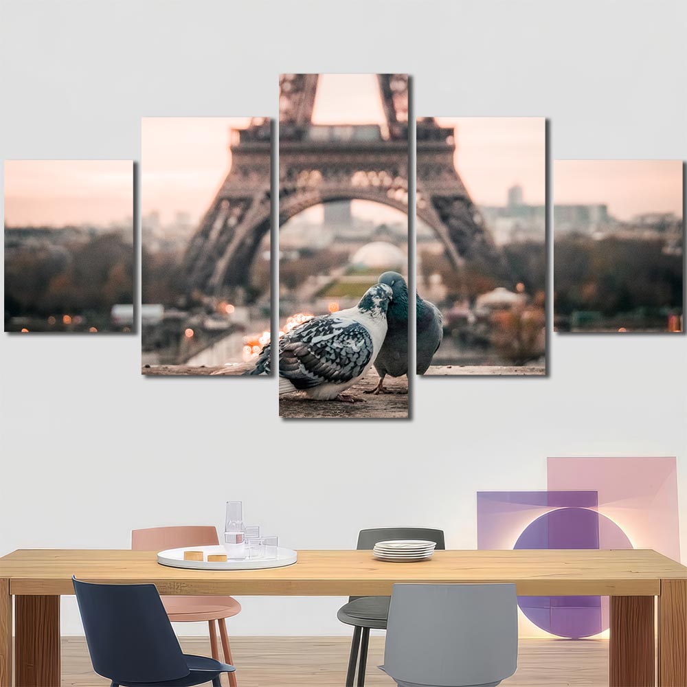 Love Birds in Paris Wall Art Pictures with Frame Layout-Five Panels Diamond