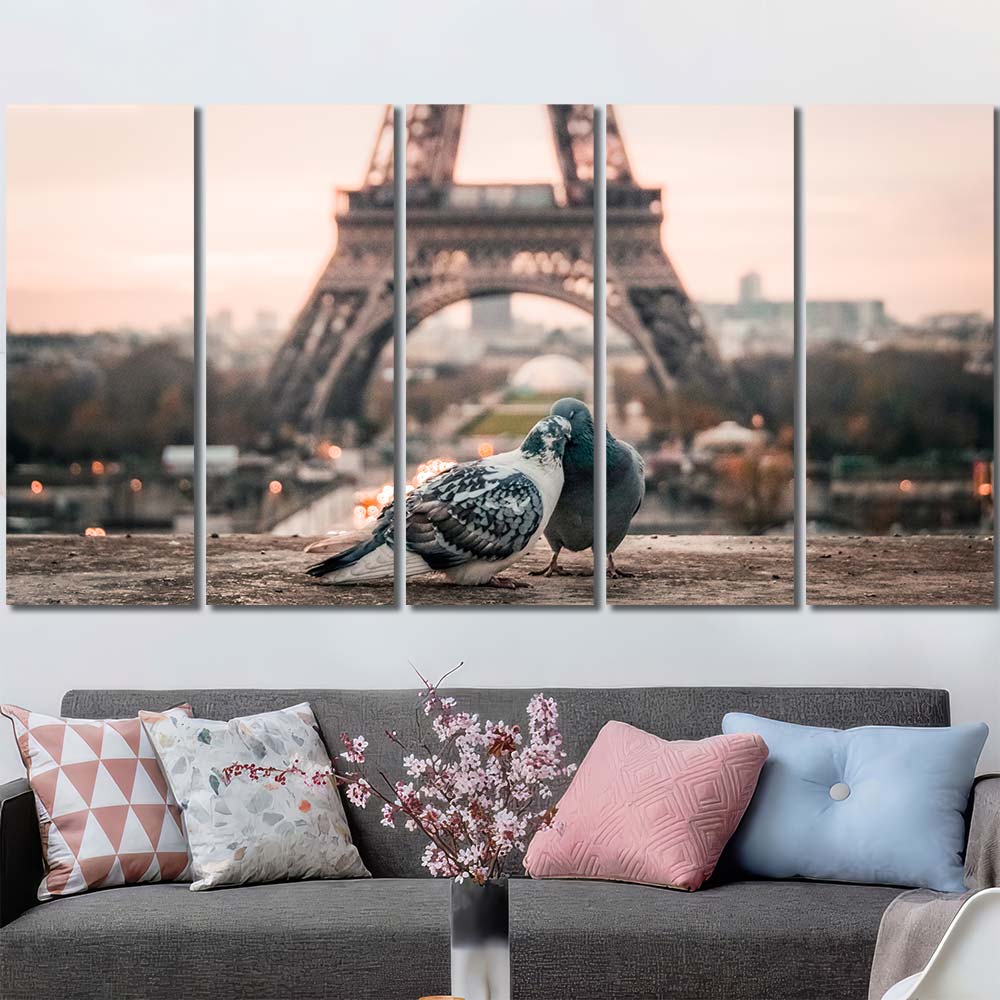 Love Birds in Paris Wall Art Pictures with Frame Layout-Five Panels Regular