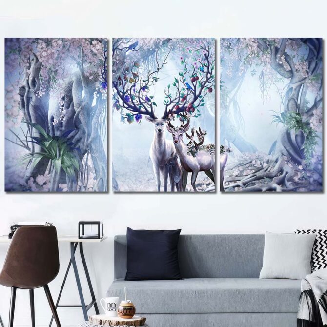 Magical Deer Printed Wall Art Painting Layout-Three Panels Regular