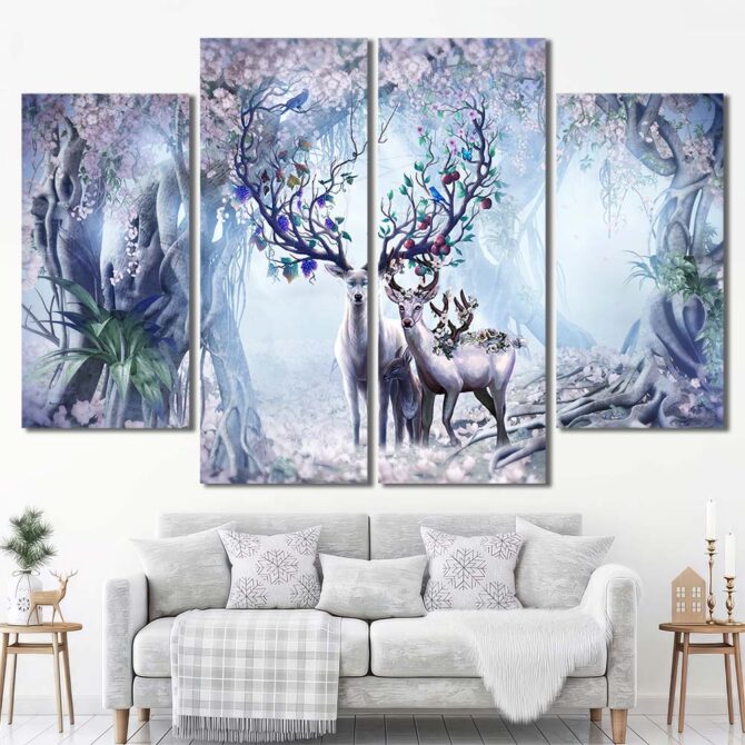 Magical Deer Printed Wall Art Painting Layout-Four Panels Diamond