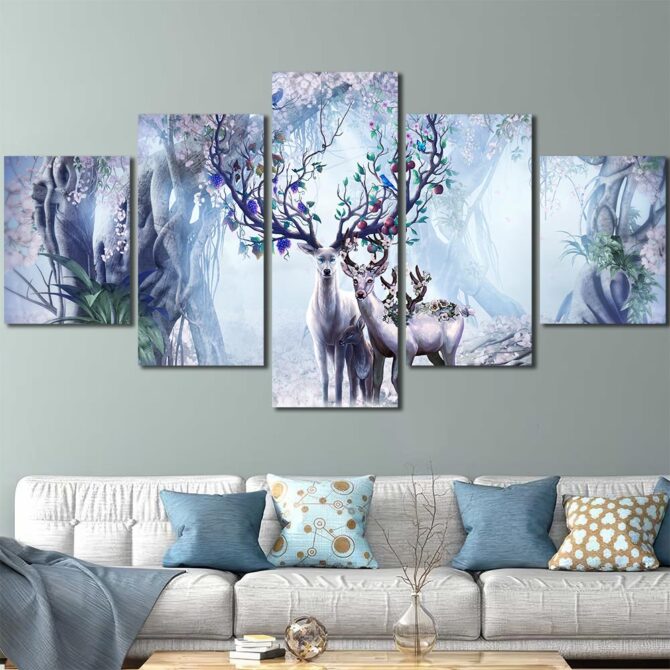 Magical Deer Printed Wall Art Painting Layout-Five Panels Diamond