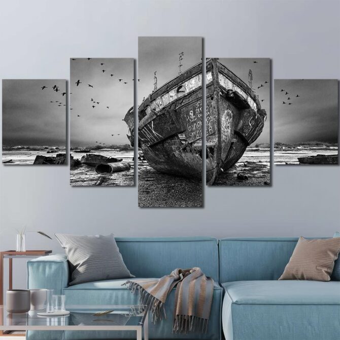 Old Boat Framed Canvas Layout-Five Panels Diamond