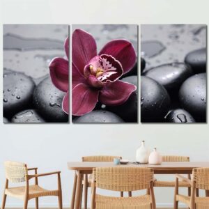 Purple Flower On Black Pebbles Framed Decor Art Canvas Layout-Three Panels Regular