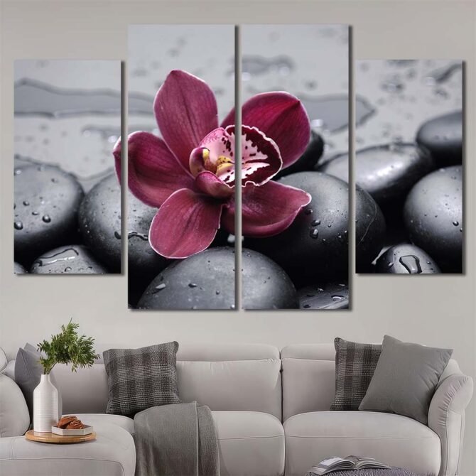 Purple Flower On Black Pebbles Framed Decor Art Canvas Layout-Four Panels Diamond