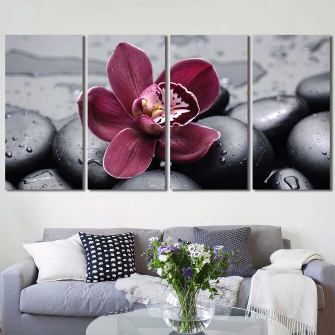 Purple Flower On Black Pebbles Framed Decor Art Canvas Layout-Four Panels Regular