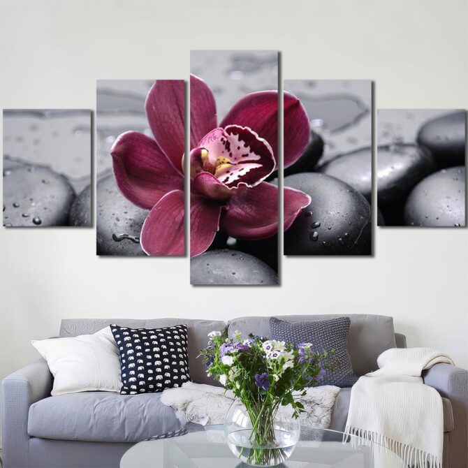 Purple Flower On Black Pebbles Framed Decor Art Canvas Layout-Five Panels Diamond