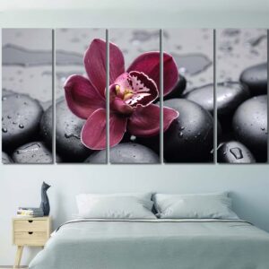Purple Flower On Black Pebbles Framed Decor Art Canvas Layout-Four Panels Regular