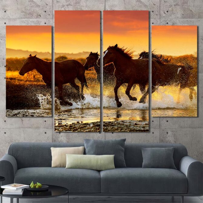 Racing Horses Picture on Canvas with Frame Layout-Four Panels Diamond