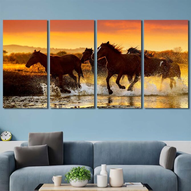 Racing Horses Picture on Canvas with Frame Layout-Four Panels Regular