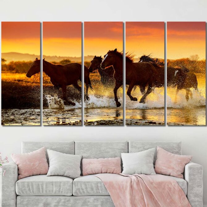 Racing Horses Picture on Canvas with Frame Layout-Five Panels Regular