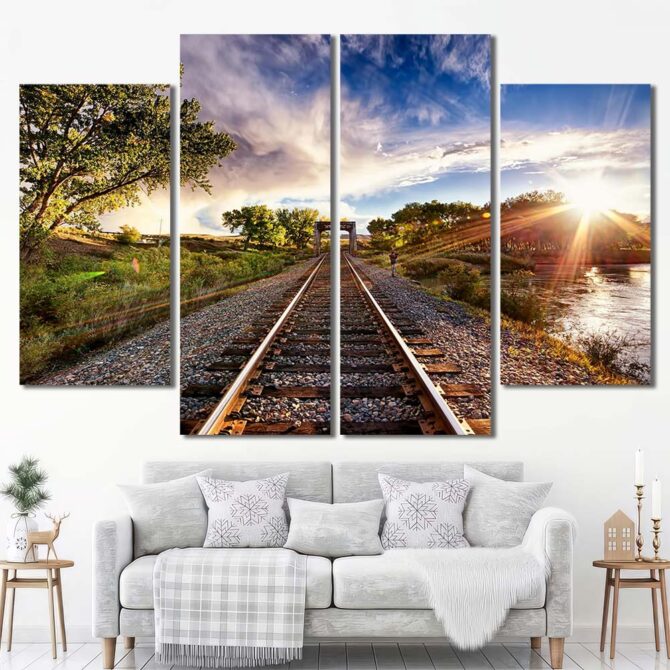 Railroad Landscape Multi Canvas with Frame Layout-Four Panels Diamond