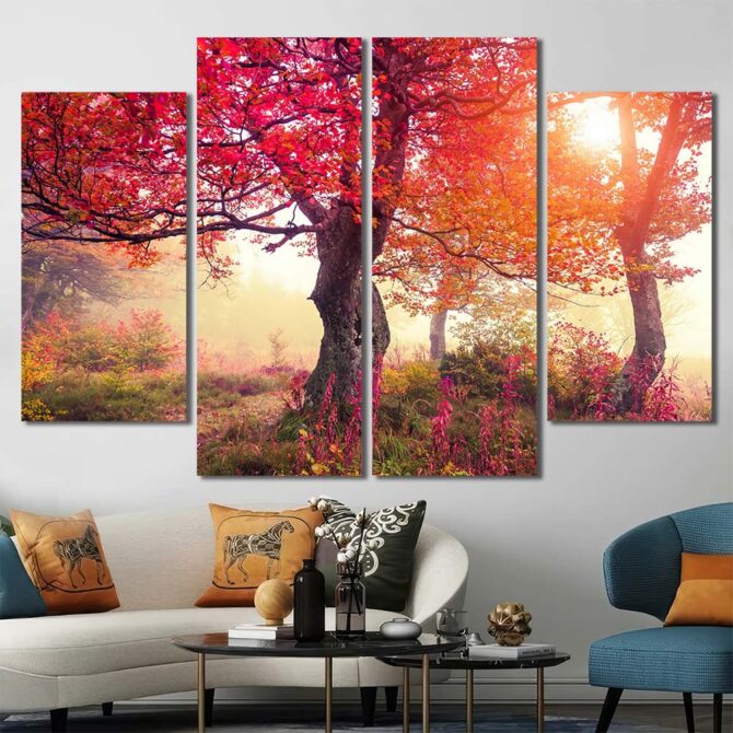 Red Autumn Trees Home Decor Canvas Layout-Four Panels Diamond