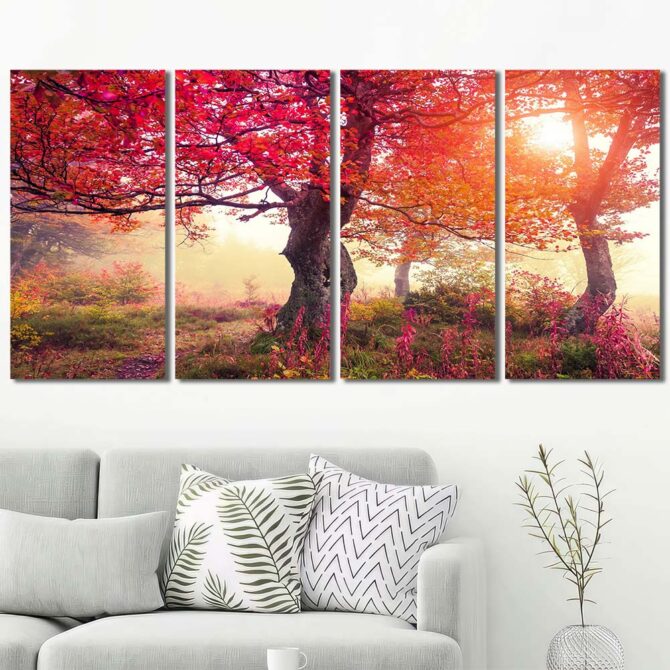 Red Autumn Trees Home Decor Canvas Layout-Four Panels Regular