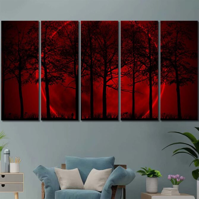 Red Moon Forest Canvas Art Layout-Five Panels Regular