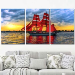 Red Sails Picture on Canvas with Frame Layout-Three Panels Regular