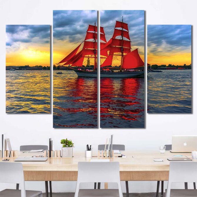 Red Sails Picture on Canvas with Frame Layout-Four Panels Diamond