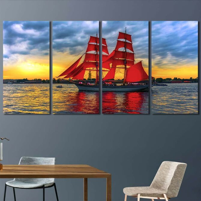 Red Sails Picture on Canvas with Frame Layout-Four Panels Regular