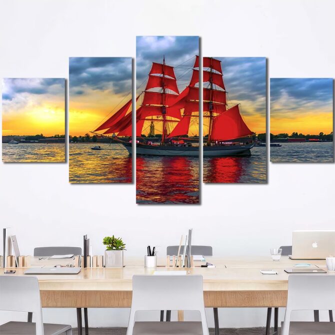 Red Sails Picture on Canvas with Frame Layout-Five Panels Diamond