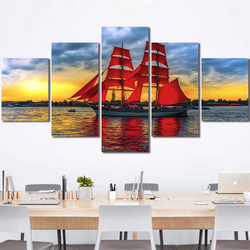 Red Sails Picture on Canvas with Frame Layout-Four Panels Diamond