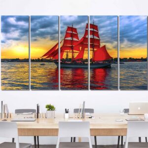 Red Sails Picture on Canvas with Frame Layout-Four Panels Regular
