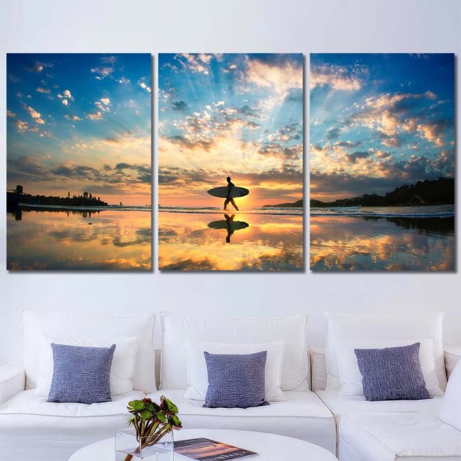 Surfers Seascape Framed Canvas Layout-Three Panels Regular