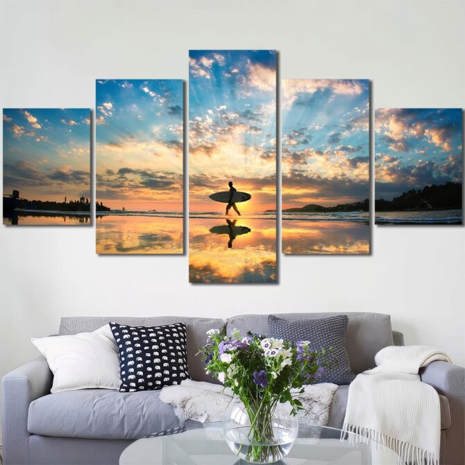 Surfers Seascape Framed Canvas Layout-Five Panels Diamond