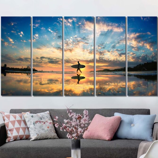 Surfers Seascape Framed Canvas Layout-Five Panels Regular