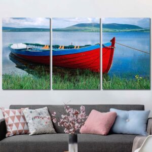 Red Canoe Canvas Wall Art with Frame Layout-Three Panels Regular