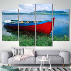 Red Canoe Canvas Wall Art with Frame Layout-Four Panels Diamond