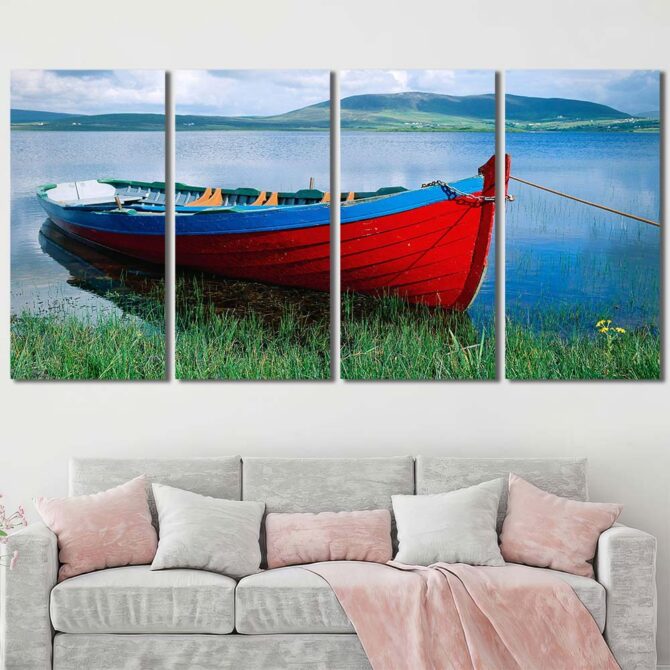 Red Canoe Canvas Wall Art with Frame Layout-Four Panels Regular
