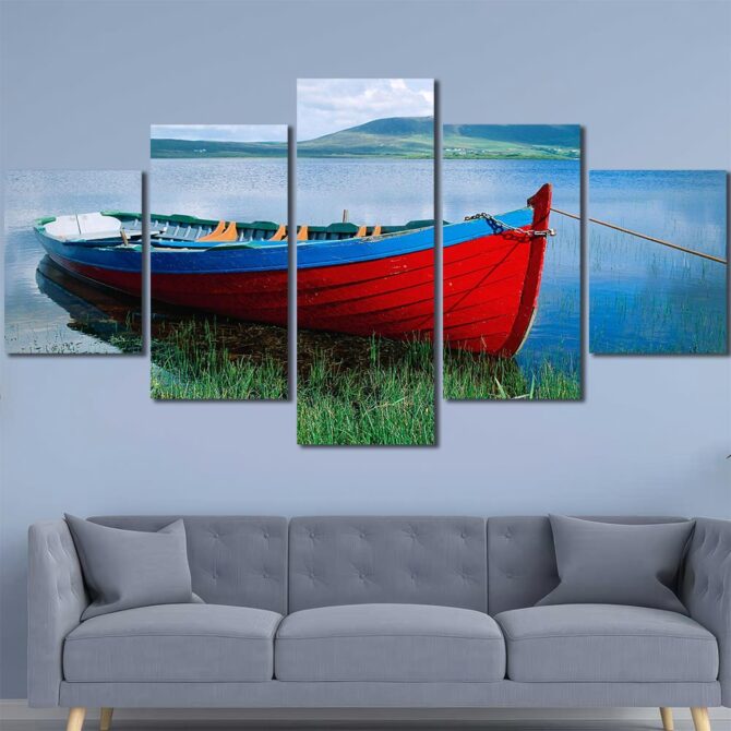 Red Canoe Canvas Wall Art with Frame Layout-Five Panels Diamond