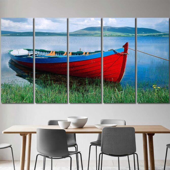 Red Canoe Canvas Wall Art with Frame Layout-Five Panels Regular