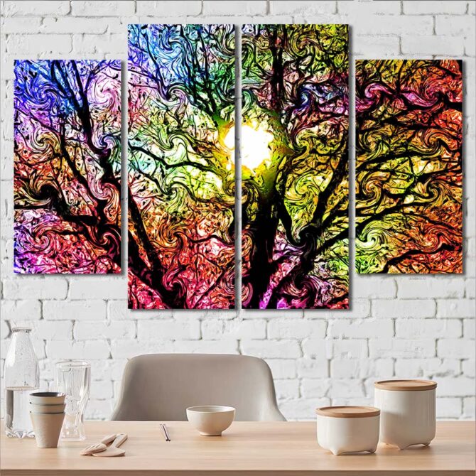 Tree Sunlight Printed Wall Art Painting Layout-Four Panels Diamond