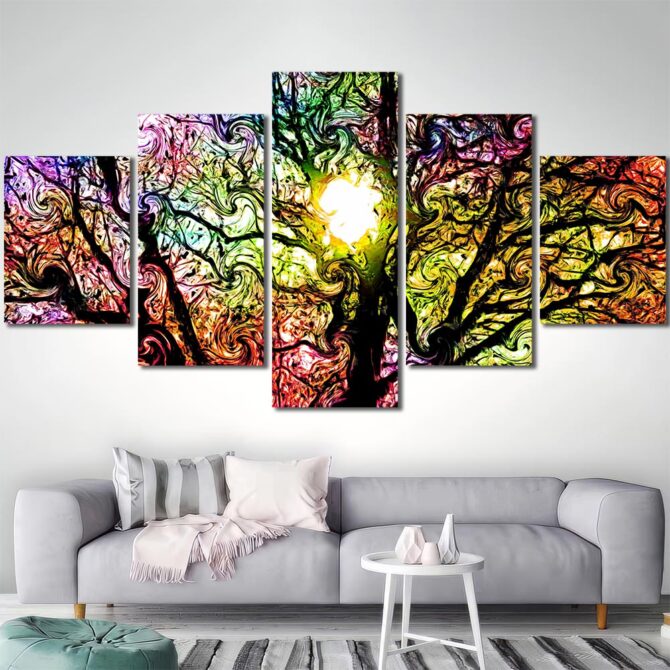 Tree Sunlight Printed Wall Art Painting Layout-Five Panels Diamond