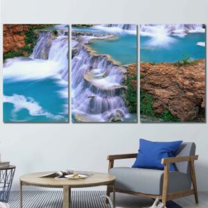 Turquoise Waterfalls Framed Panels Canvas Layout-Three Panels Regular