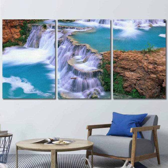 Turquoise Waterfalls Framed Panels Canvas Layout-Three Panels Regular