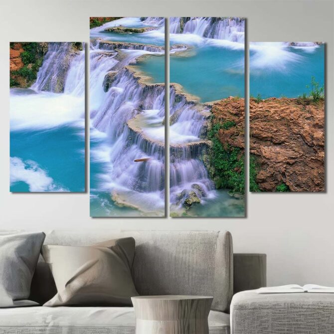 Turquoise Waterfalls Framed Panels Canvas Layout-Four Panels Diamond