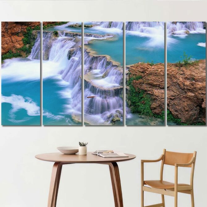 Turquoise Waterfalls Framed Panels Canvas Layout-Five Panels Regular