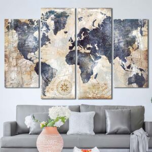 World Map Home Decor Canvas Layout-Four Panels Diamond