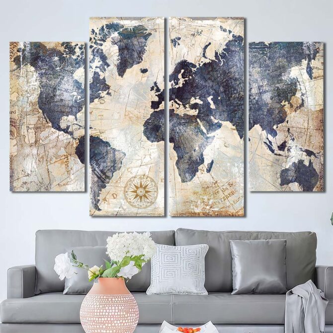 World Map Home Decor Canvas Layout-Four Panels Diamond