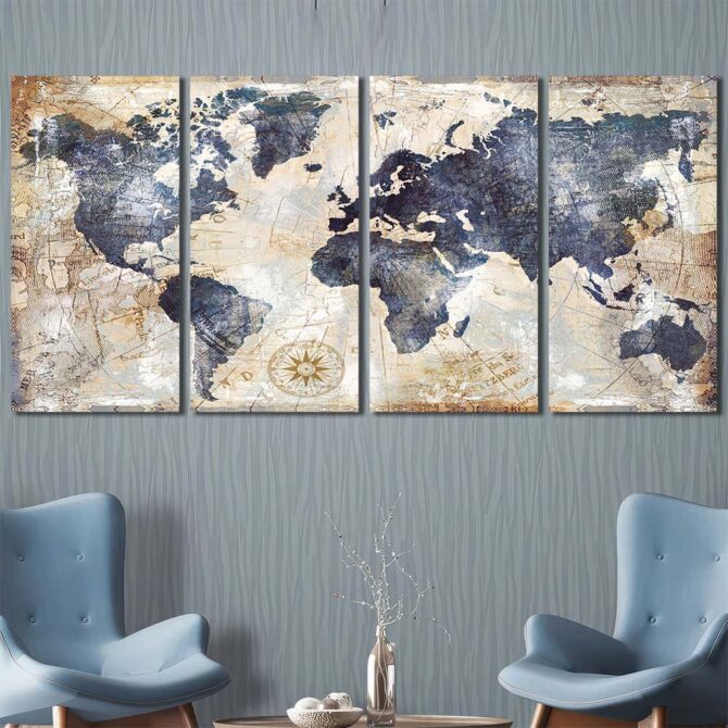 World Map Home Decor Canvas Layout-Four Panels Regular