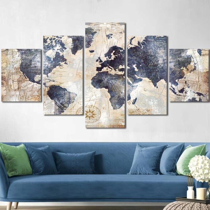 World Map Home Decor Canvas Layout-Five Panels Diamond