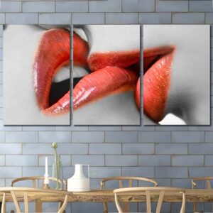 Kissing Lips Print Art Canvas with Frame Layout-Three Panels Regular