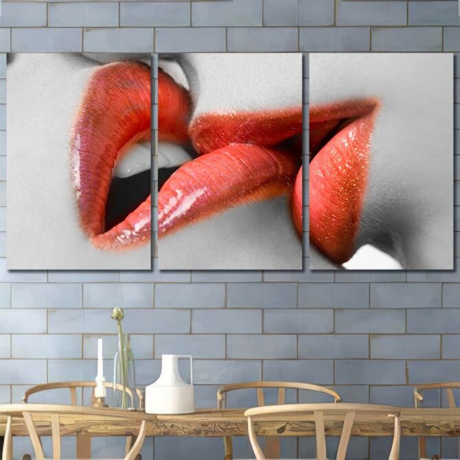 Kissing Lips Print Art Canvas with Frame Layout-Three Panels Regular