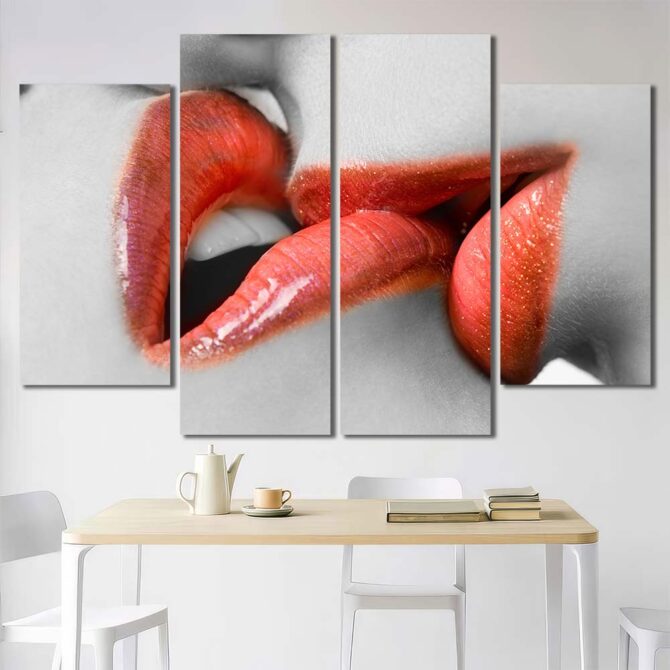Kissing Lips Print Art Canvas with Frame Layout-Four Panels Diamond