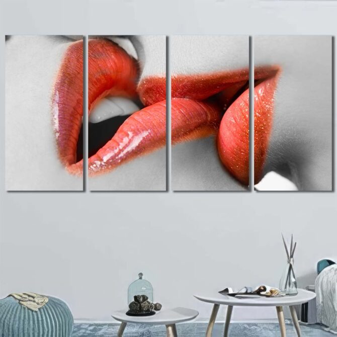 Kissing Lips Print Art Canvas with Frame Layout-Four Panels Regular