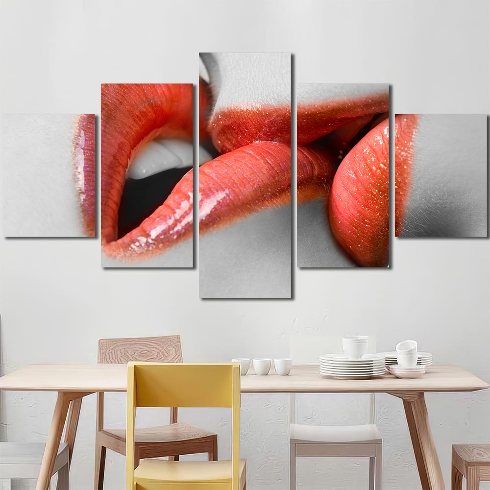 Kissing Lips Print Art Canvas with Frame Layout-Four Panels Diamond